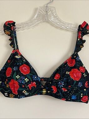 J. Crew Black Floral Ruffle Strap Bikini Top